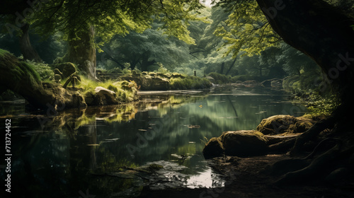 View along a peaceful woodland river with a shallow rocky bed  with green reflections in the still water  peaceful woodland pond  reflecting the surrounding foliage by ancient gnarled trees  calming