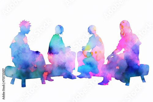 Anime Style Watercolor Painting of a Group Therapy Session, Mental Health Concepts, Generative AI.