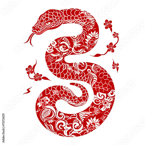Silhouette in the shape of red animal designations Snake, woodcut prints, cultural symbolism, China New Year celebration isolated PNG