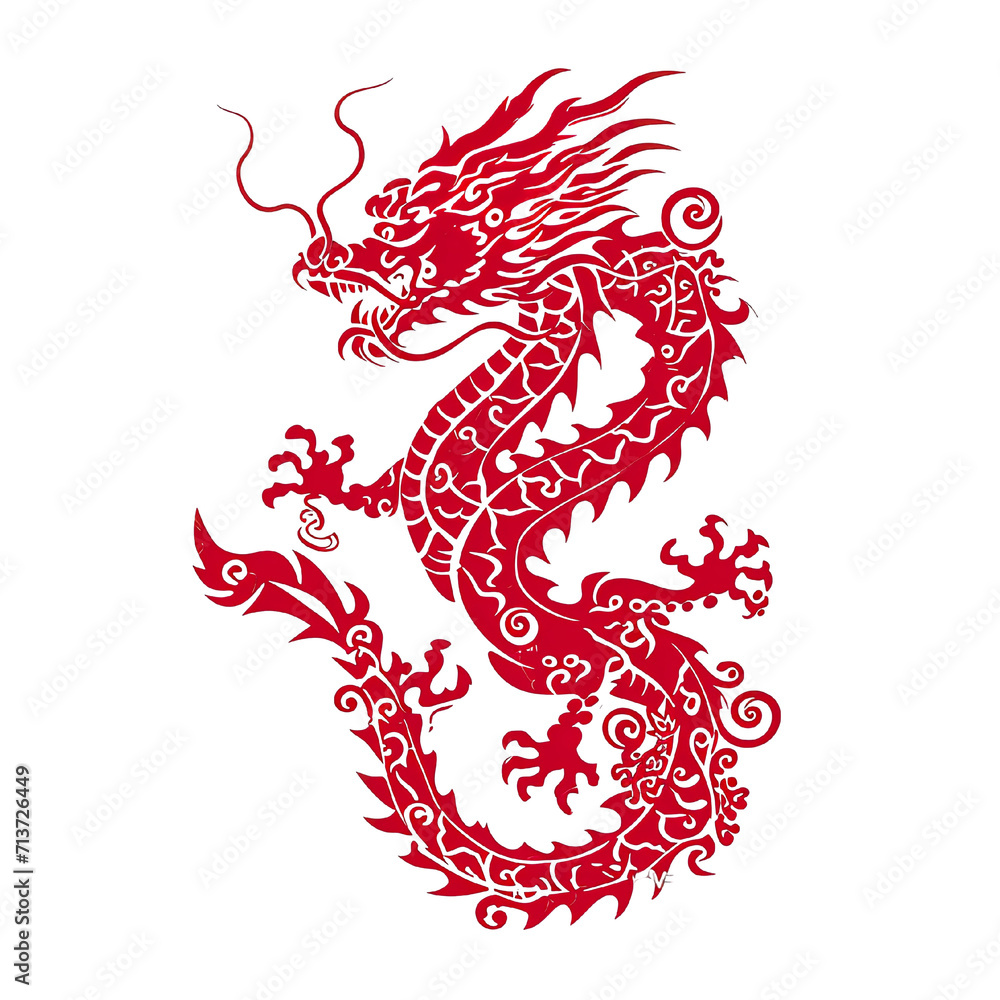 Fototapeta premium Silhouette in the shape of red animal designations Dragon, woodcut prints, cultural symbolism, China New Year celebration isolated PNG