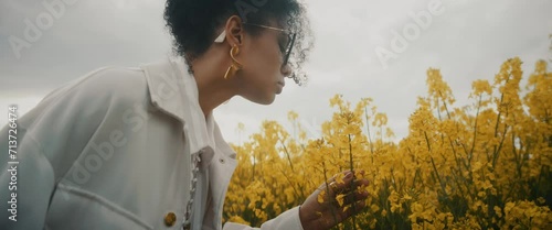 Closeup panoramic footage of a pretty young lady smelling the flowering plants in a rapeseed field