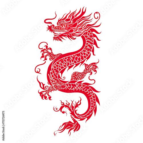 Silhouette in the shape of red animal designations Dragon  woodcut prints  cultural symbolism  China New Year celebration isolated PNG