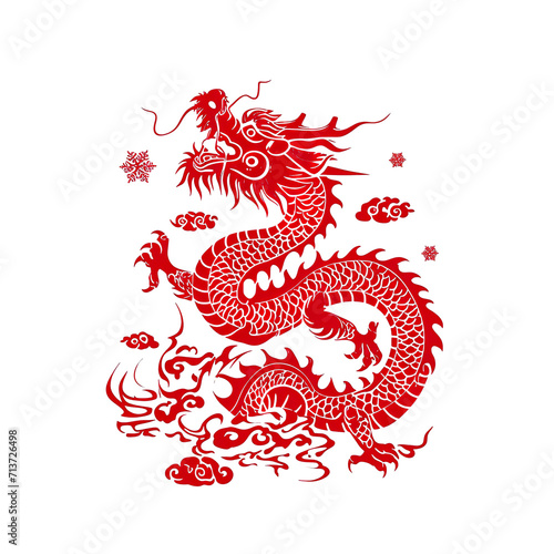 Silhouette in the shape of red animal designations Dragon, woodcut prints, cultural symbolism, China New Year celebration isolated PNG