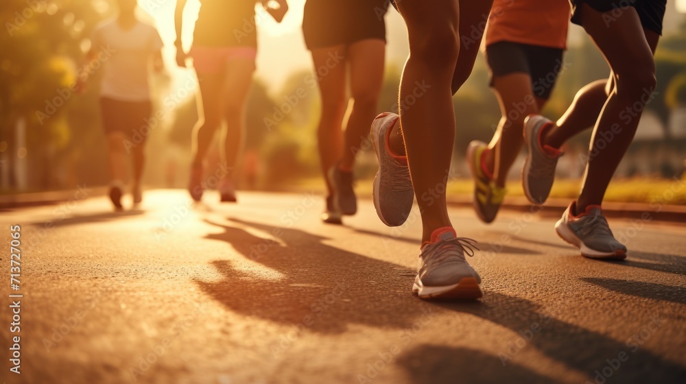 Group of young people in sportswear are running in the road. Group of young people in sportswear are running in the road.
