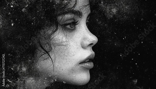 A monochrome young woman's profile portrait combined with abstract grainy digital art against black background,generative ai © Suralai