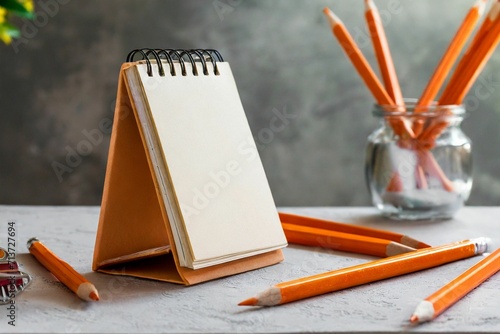 Notepad, orange pencils on the table. Mockup on office background for copy space. It is impo photo
