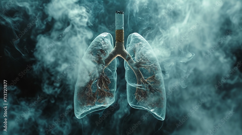 Dangerous cigarette smoke causing damage to lungs. Lung disease from smoking tobacco in gray studio, generative ai - obrazy, fototapety, plakaty 