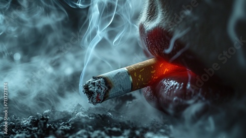Dangerous cigarette smoke causing damage to lungs. Lung disease from smoking tobacco in gray studio, generative ai photo