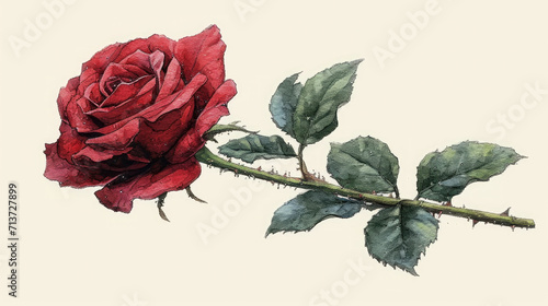 Artistic Watercolor Illustration of a Single Red Rose with Green Leaves on Ivory Background