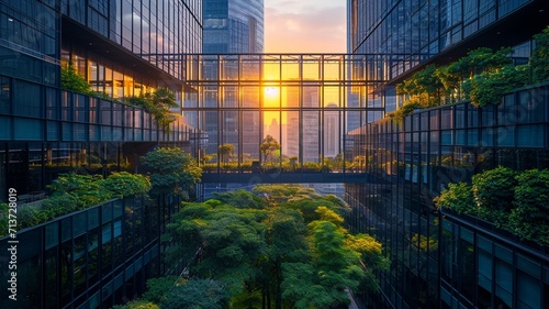 Eco-friendly building in the modern city. Sustainable glass office building with tree for reducing carbon dioxide. Office building with green environment. Corporate building reduce CO2,generative ai