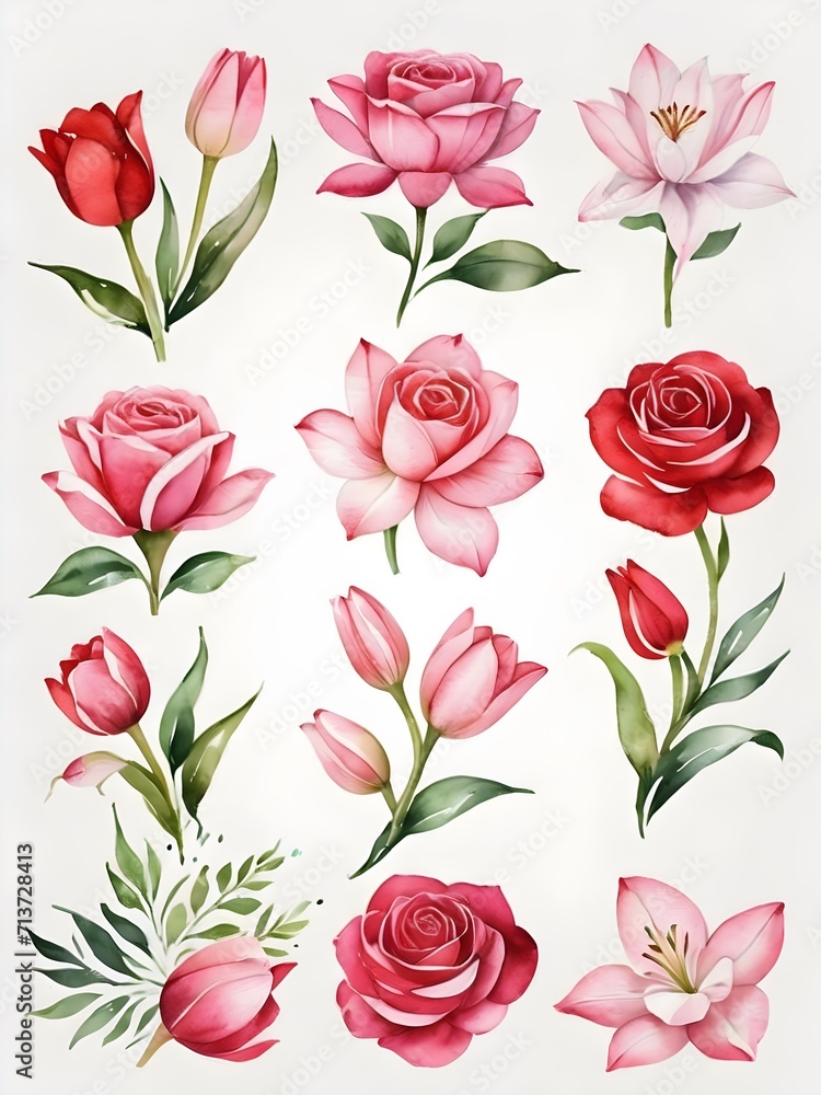 handmade watercolour set of spring pink flowers. Collection botanical illustration of realistic plants on white background for your design and decor.