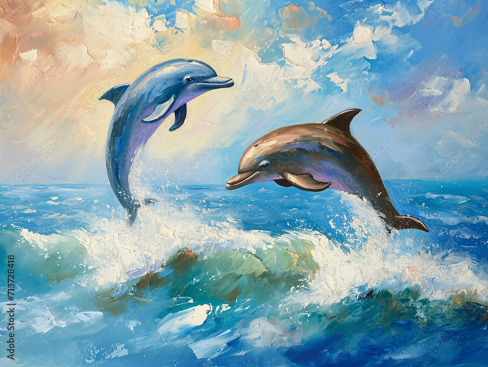 Fototapeta premium 夏の海とジャンプするイルカのイラスト Generative AI
