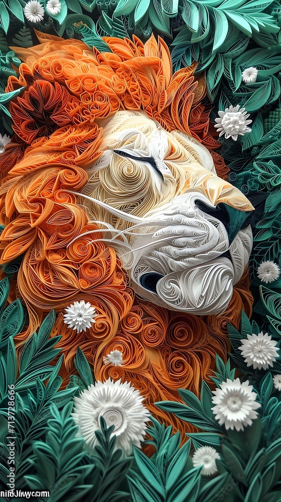 Exquisite Paper Quilling Portrait of Lion in Floral Surroundings