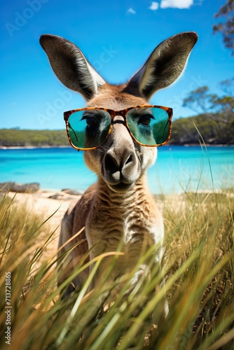 kangaroo in turquoise glasses. banner with blue background. Australian animal. advertising. Australia nature, postcard