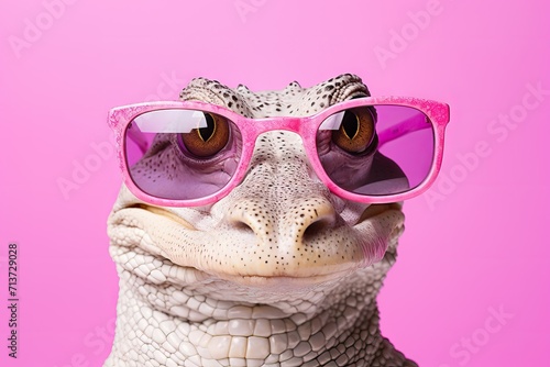 crocodile portrait in pink glasses. banner with pink background.