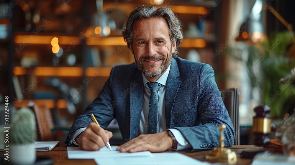 professional business man executive ceo manager, lawyer wearing suit sitting at desk signing law document writing signature making legal agreement corporate deal in office,generative ai - obrazy, fototapety, plakaty 