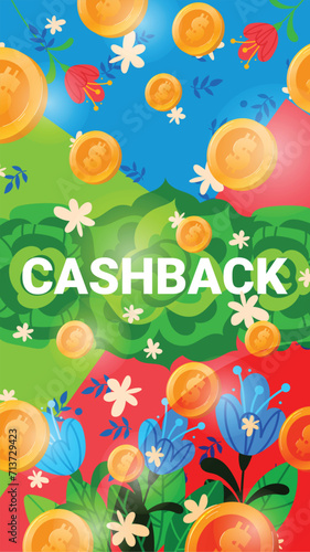 Colorful cashback concept with flowers and coins. Promotion and savings with nature elements. Reward program and financial incentive vector illustration.