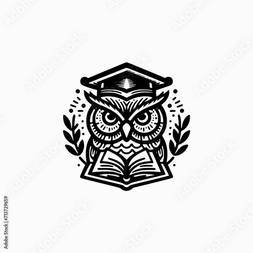 smart owl logo with books and scholar hat  school and education illustration