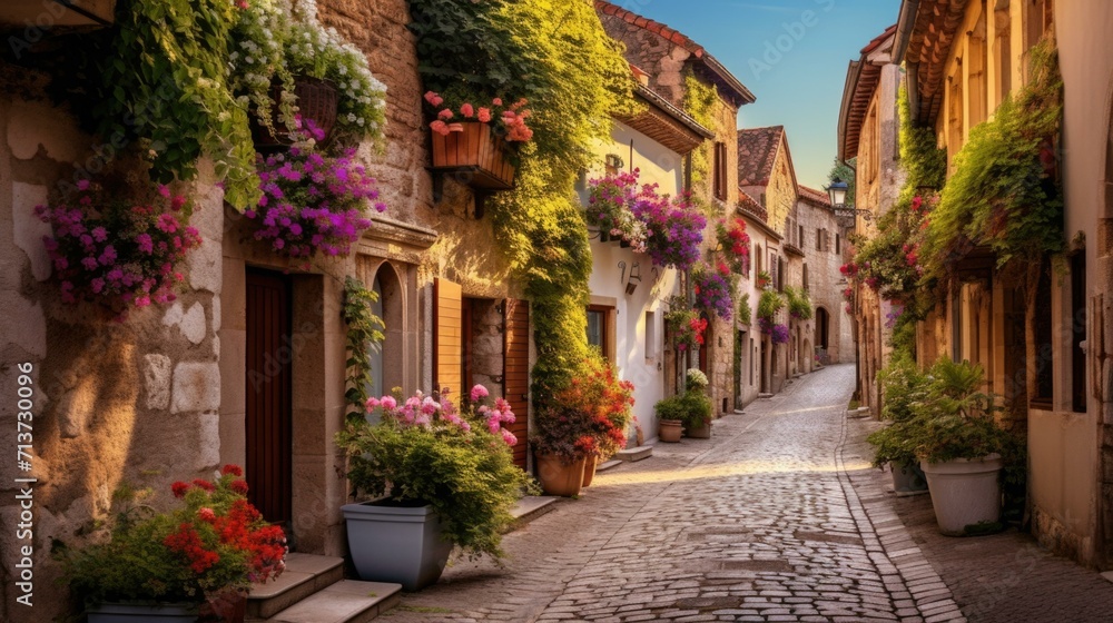 Obraz premium A narrow street with flowers in pots on the side. Generative AI.