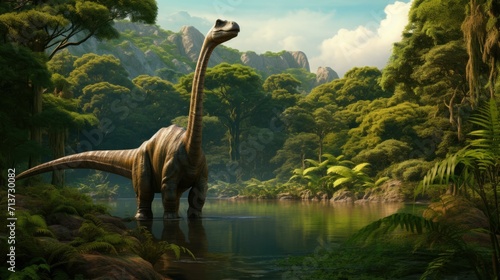 The good dinosaur is standing in a river with trees and rocks. Generative AI. photo