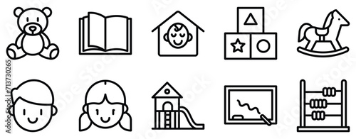 kindergarten icon line style set collection.