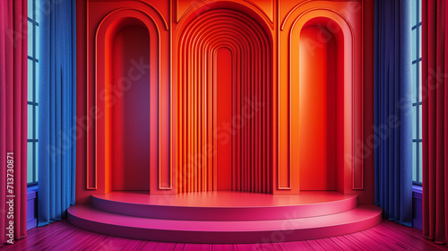 3d empty product display podium for presentations. Bold and visually captivating corridor with arched doorways in red ,featuring a round stage and textured curtains.
 photo