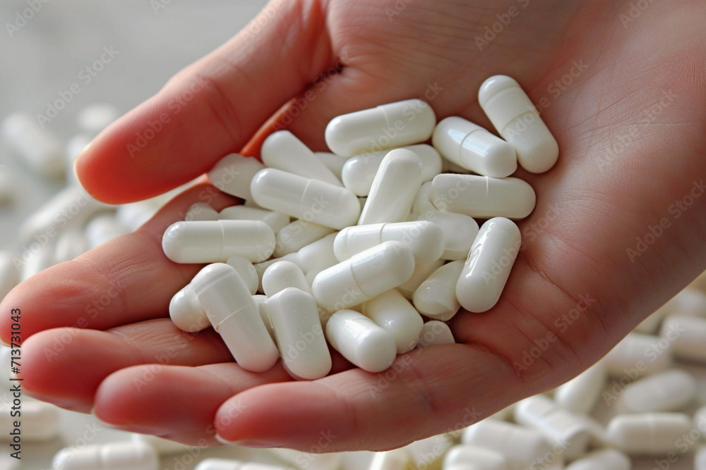 Close-up of white pills in the hands of a child. Close-up of white pills in the hands of a child.