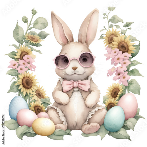 Watercolor cute easter bunny, eggs, teddy bear, elephant and flowers, butterflies on a white background, floral postcard animal
