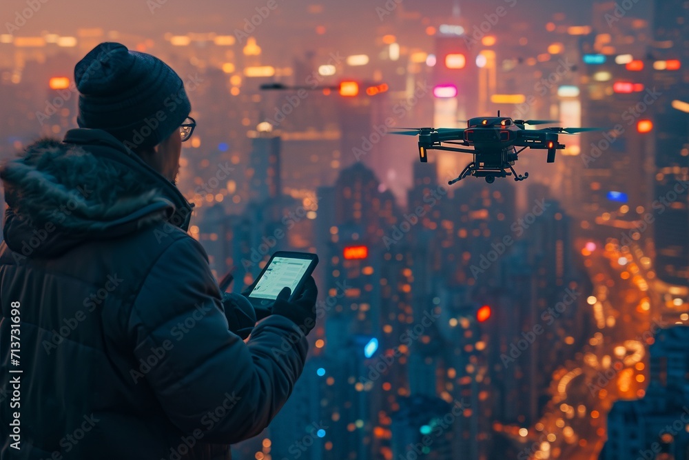 Urban drone traffic controller, high angle, managing autonomous drone delivery, futuristic cityscape, early spring, neon and holographic lighting, dusk,generative ai Urban drone traffic controller, high angle, managing autonomous drone delivery, futuristic cityscape, early spring, neon and holographic lighting, dusk,generative ai