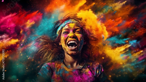 Portrait of a beautiful young woman with bright make-up and colored powder.