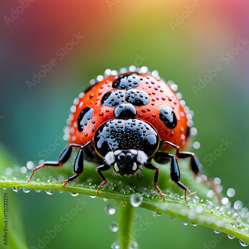 There is something truly captivating about a little ladybug adorned with glistening dew drops. It's hard not to feel a sense of warmth and joy when beholding such a sight. The tiny black spots adornin photo