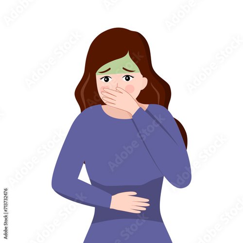 Woman suffering from nausea, vomit, morning sickness symptoms.