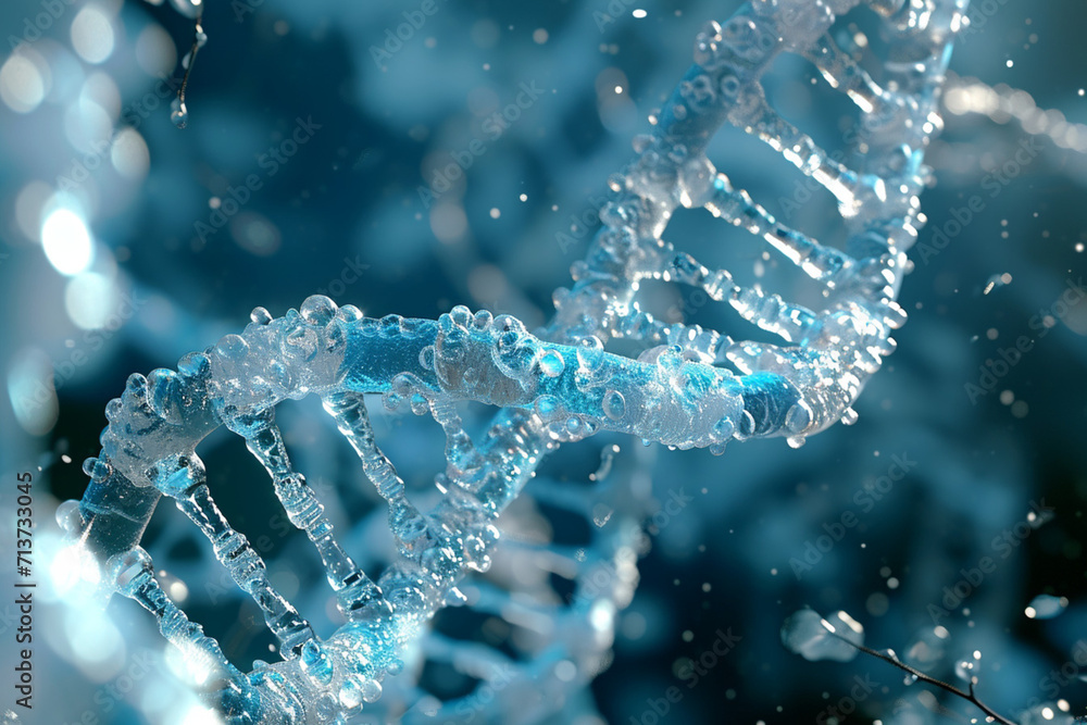 DNA strand on blue background, close-up. 3D rendering DNA strand on blue background, close-up. 3D rendering