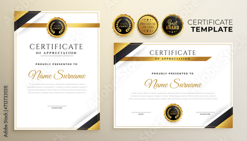 set of golden certificate of appreciation template for honor or gratitude