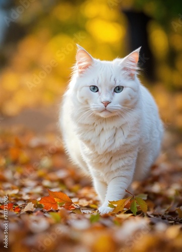  Cute Beautiful White cat in Autumn Fluffy 