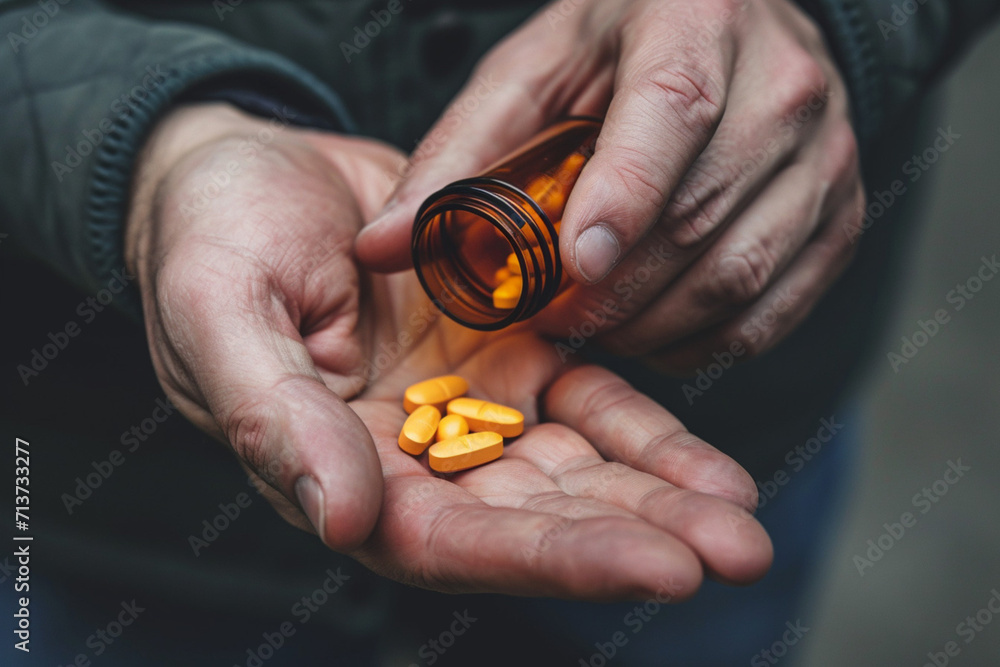 Close up of male hands holding pills. Focus on foreground, soft bokeh. Close up of male hands holding pills. Focus on foreground, soft bokeh.