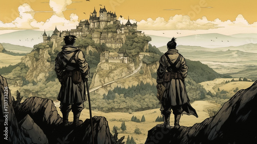 illustration of two soliders overlooking a battlefield manga style9 photo