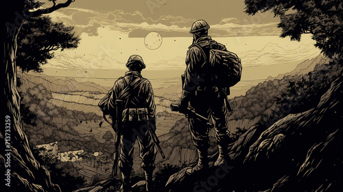 illustration of two soliders overlooking a battlefield manga style10