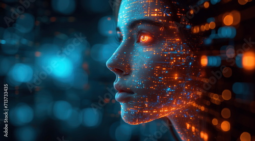 Glowing neon portrait of a young woman face in cyberspace. Virtual assistant. Digital overlay on girl face. Concept of Artificial Intelligence, Virtual Reality, Influence of AI, Technology