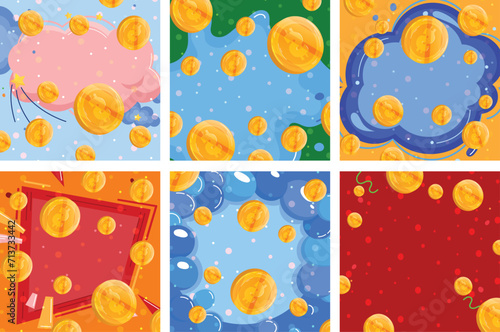 Golden coins falling on various colorful backgrounds with dynamic lines and confetti. Abstract money rain, wealth and finance concept vector illustration.