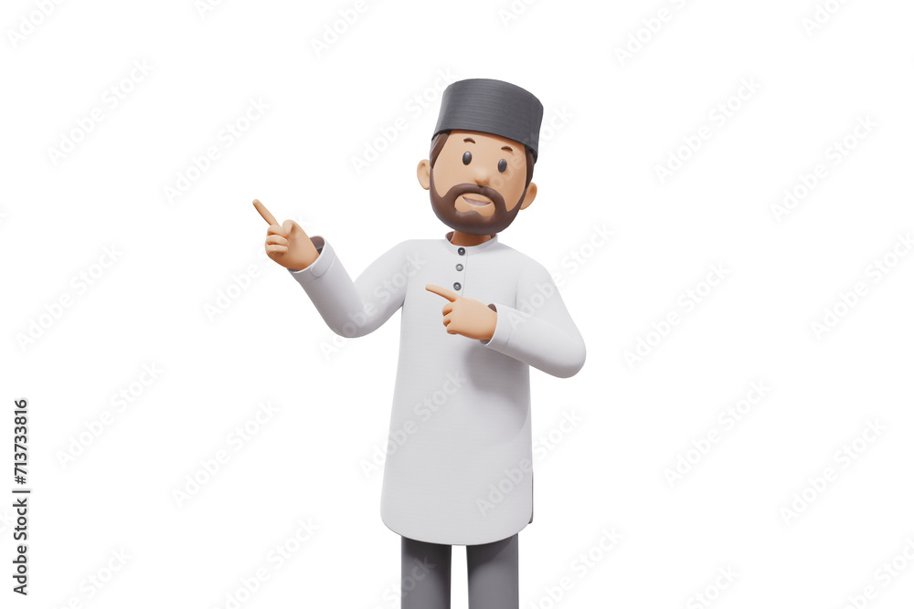 3d illustration of man muslim greeting, pointing and showing something at camera with transparent background 3d illustration of man muslim greeting, pointing and showing something at camera with transparent background