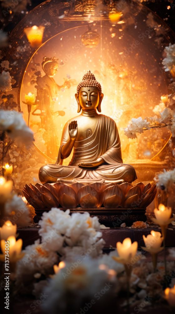 Statue of Buddha in lotus pose, radiating peace in ethereal garden, surrounded by floating lotus flowers, a mystical golden glow. spiritual enlightenment. Meditation and Eastern practices. Buddhism.