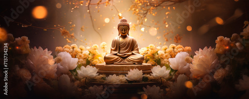 A golden Buddha statue sits in lotus pose, lit by candles and flowers, creating a warm, inviting glow against a backdrop of mystical smoke and flowers. Meditation and spiritual practices. Buddhism. © stateronz