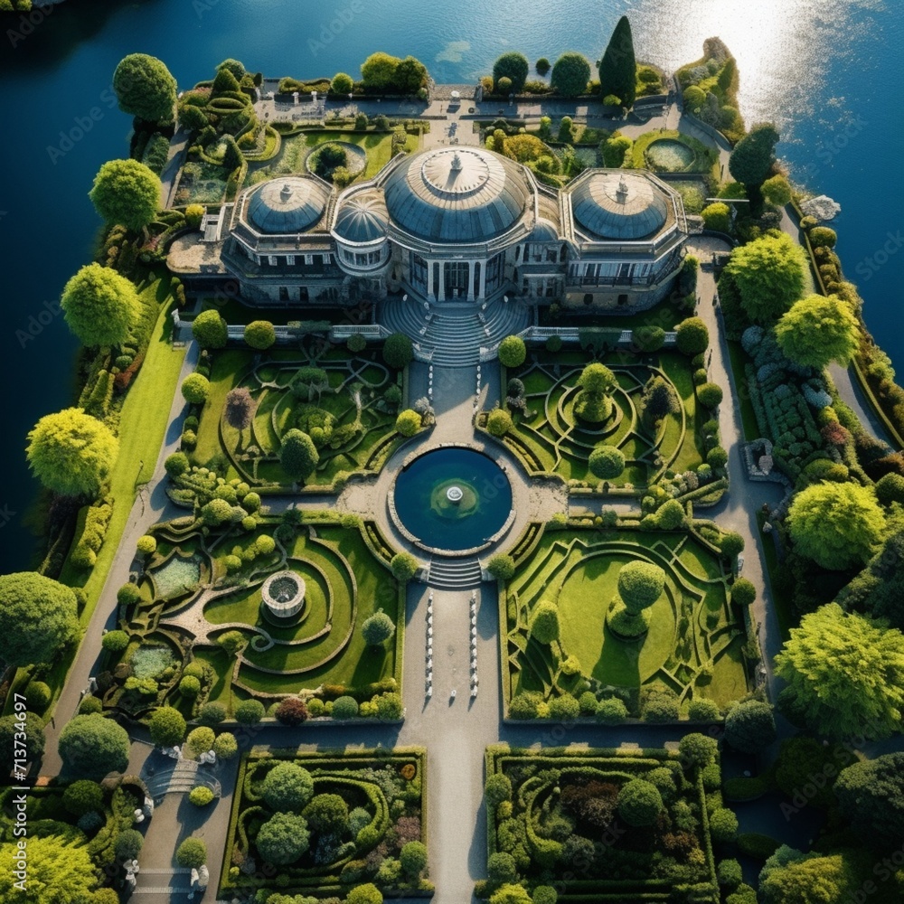 Beautiful aerial drone shot sea and garden image Generative AI