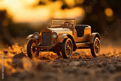 A toy car is shown in the sunset. Generative AI.