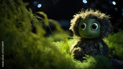 A stuffed animal sitting in the grass. Generative AI. © serg3d