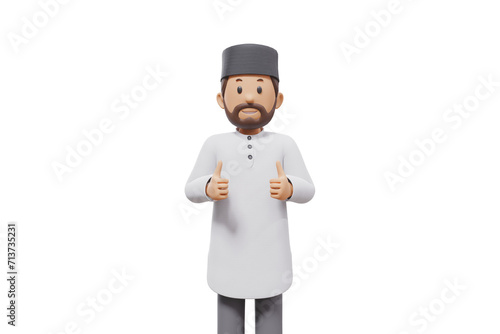 3d illustration of man muslim greeting, pointing and showing something at camera with transparent background