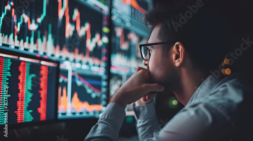 Finance trade manager analyzing stock market, financial data and charts.