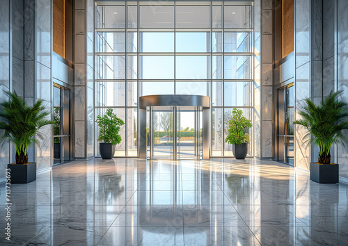 The entrance of a contemporary office building with innovative design elements. Modern interior design concept.