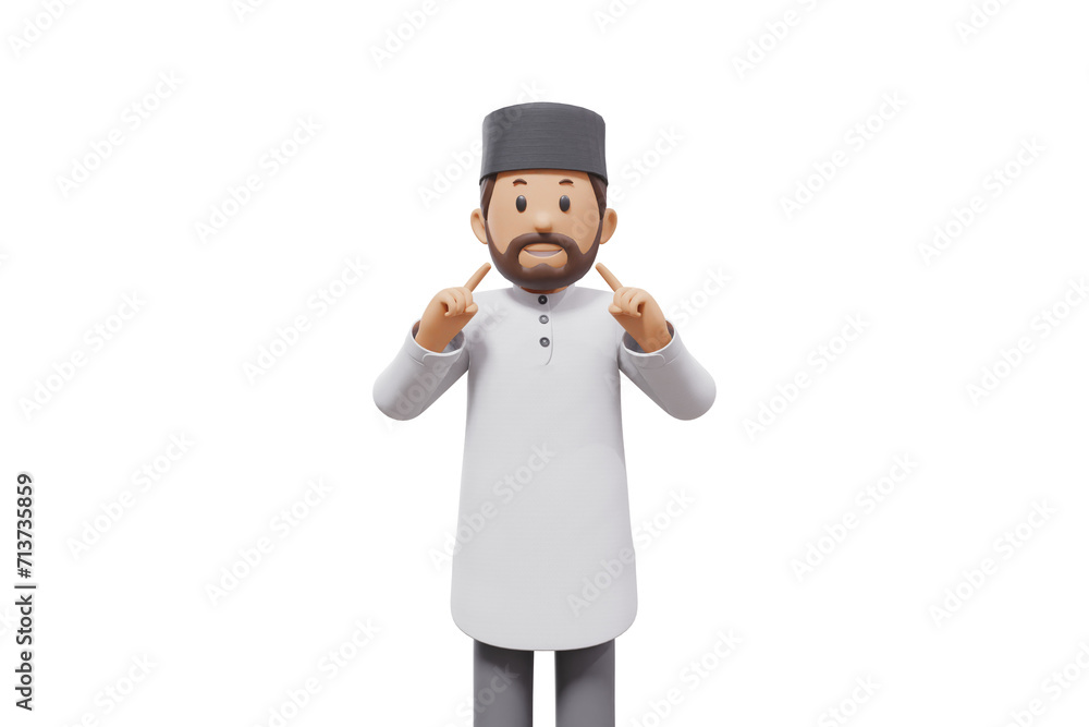 3d illustration of man muslim greeting, pointing and showing something at camera with transparent background 3d illustration of man muslim greeting, pointing and showing something at camera with transparent background